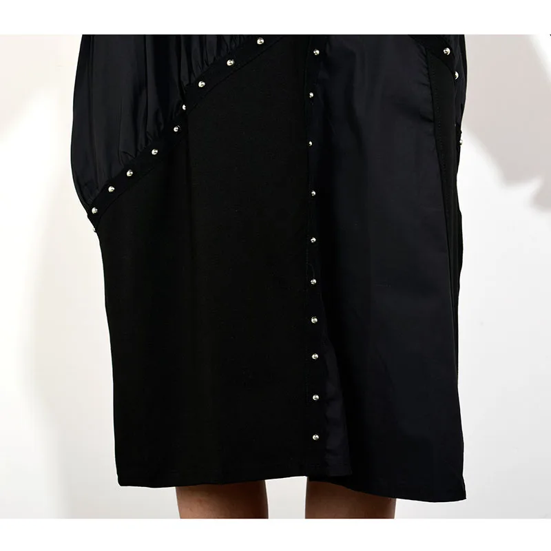 

XITAO Tide Black Patchwork Midi Dress Long Sleeve O Neck Rivet Fashion Casual Plus Size Dress Women 2019 Autumn New GWY2966