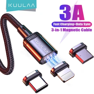 kuulaa led magnetic usb cable 3a fast charging type c cable magnet charger micro usb cable mobile phone for iphone 13 12 11 cord free global shipping
