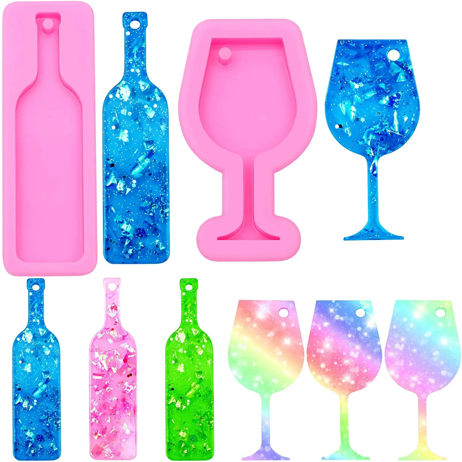 2Pcs Wine Bottle Mini Wine Glass Goblet Cup Keychain Silicone Mold with Hole for DIY Baking Crafting Cake Topper Decoration