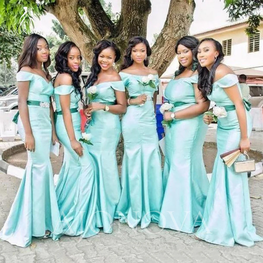 

Женское атласное платье-Русалка, элегантное платье небесно-голубого цвета с открытыми плечами для свадебной вечеринки, официальное платье ...