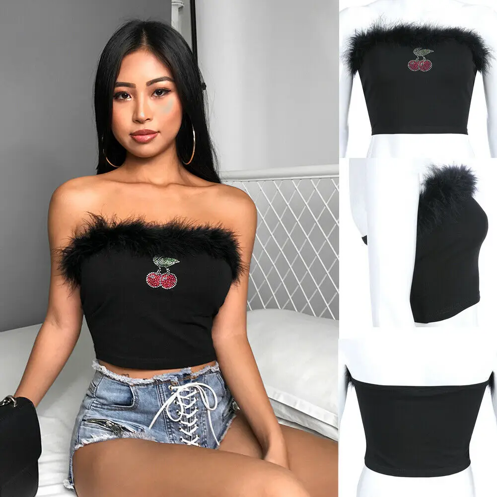 Summer New Fashion Ladies Bustier Off Shoulder Cherry Print Rhinestone Wrap Chest Sexy Women Feather Crop Tops Strapless Vest | Женская