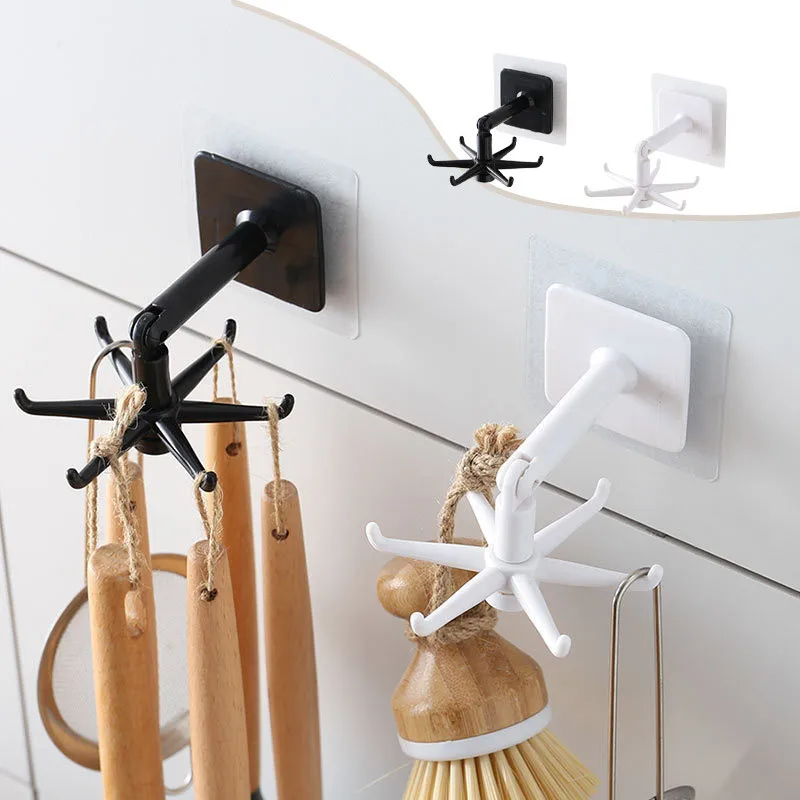 

360 Rotated Kitchen Hooks Self Adhesive 4/6 Hooks Home Wall Door Hook Kitchenware Organization Handbag Hanger Hanging Rack