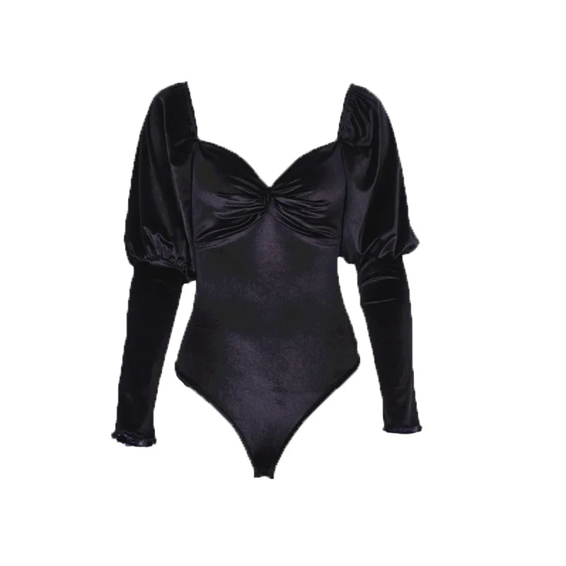 

E-BAIHUI Long Sleeve Square Collar Pleated Velvet Puff Sleeve Bodysuit for Women Black sexy Bodysuits L0329