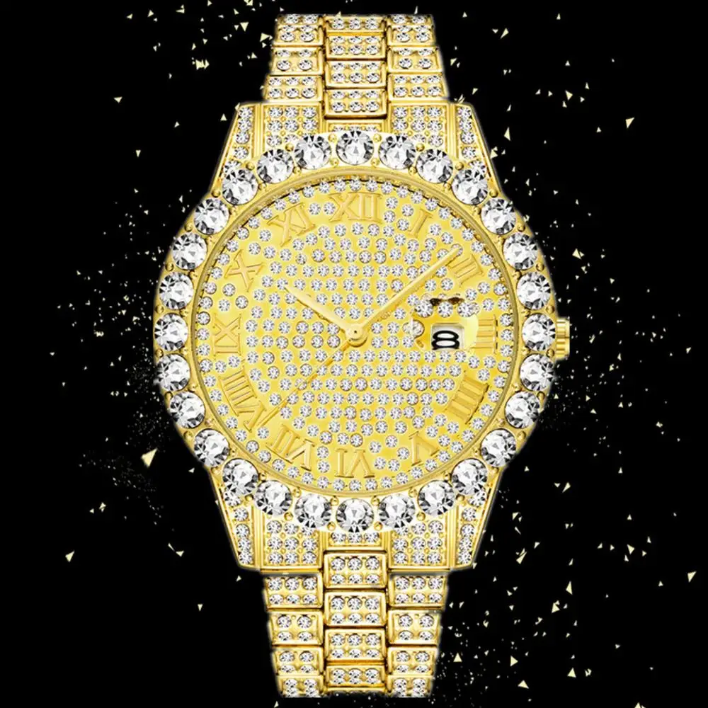 Модные мужские полностью блестящие Кварцевые часы с большим бриллиантом