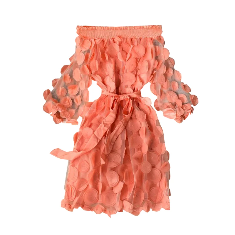 

Весенне-осеннее платье с трехмерными цветами, привлекательное Сетчатое кружевное приталенное платье с рукавами-фонариками и воротником «одно слово» для женщин