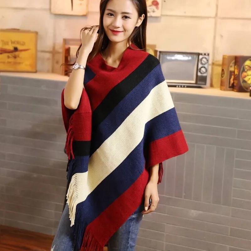 Striped Sleeveless Fringed Knitted Sweater Poncho Women Color Matching Round Neck Pullover Bat Female Spring 2021 |