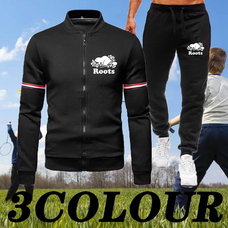

Newest Men's Baseball Suit Winter Casual Roots Logo Baseball Jacket and Trousers Long Sleeve Solid Color Printed Men's Tracksuit