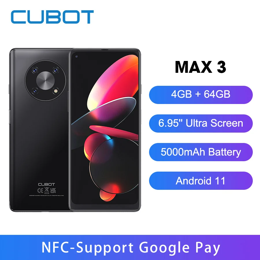 Мини-планшет Cubot MAX 3 NFC 4 + 64 ГБ 6 95 дюйма 48 МП тройная камера 5000 мАч - - Цена: 0