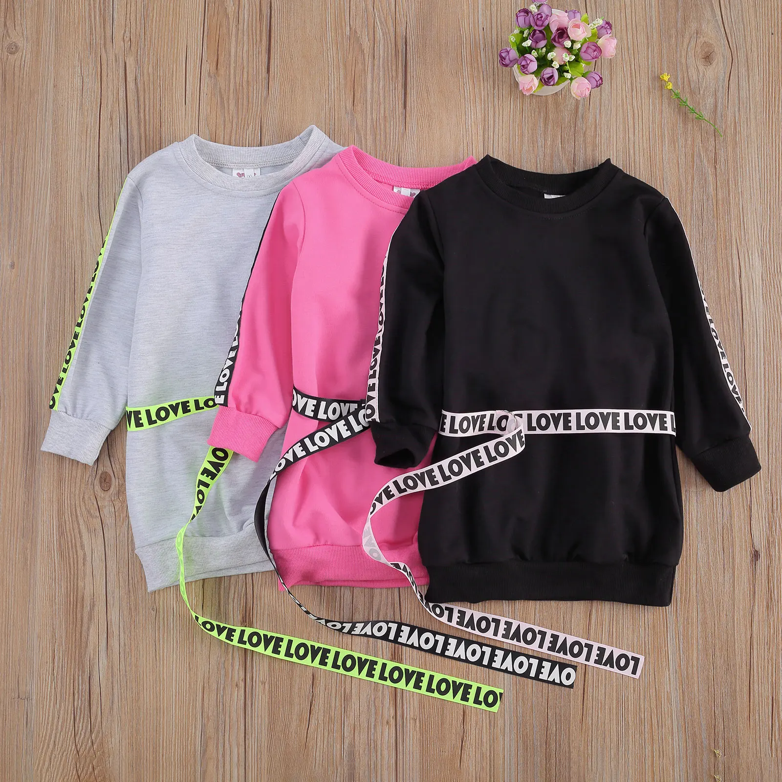 Платье-свитшот для девочек однотонный пуловер с длинным рукавом и пояс надписью