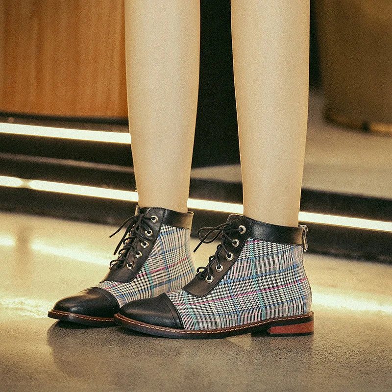 

Black Ankle Boots Women Booties Pearls Flat Shoes Autumn Winter Lace up Shoes Woman Zapatos Mujer Round Toe Zip Short Boots