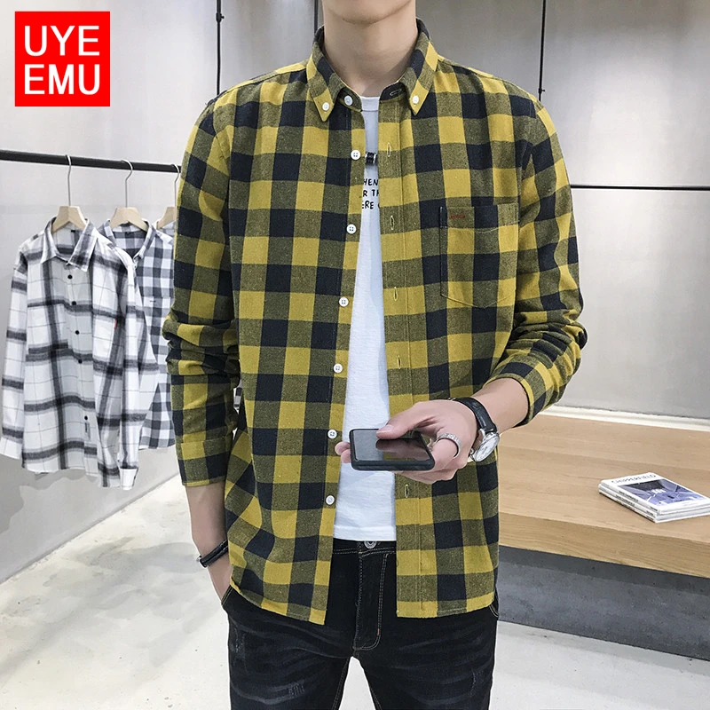 UYEEMU Весна мужские рубашки Желтый клетчатый узор хлопок осень с длинным рукавом