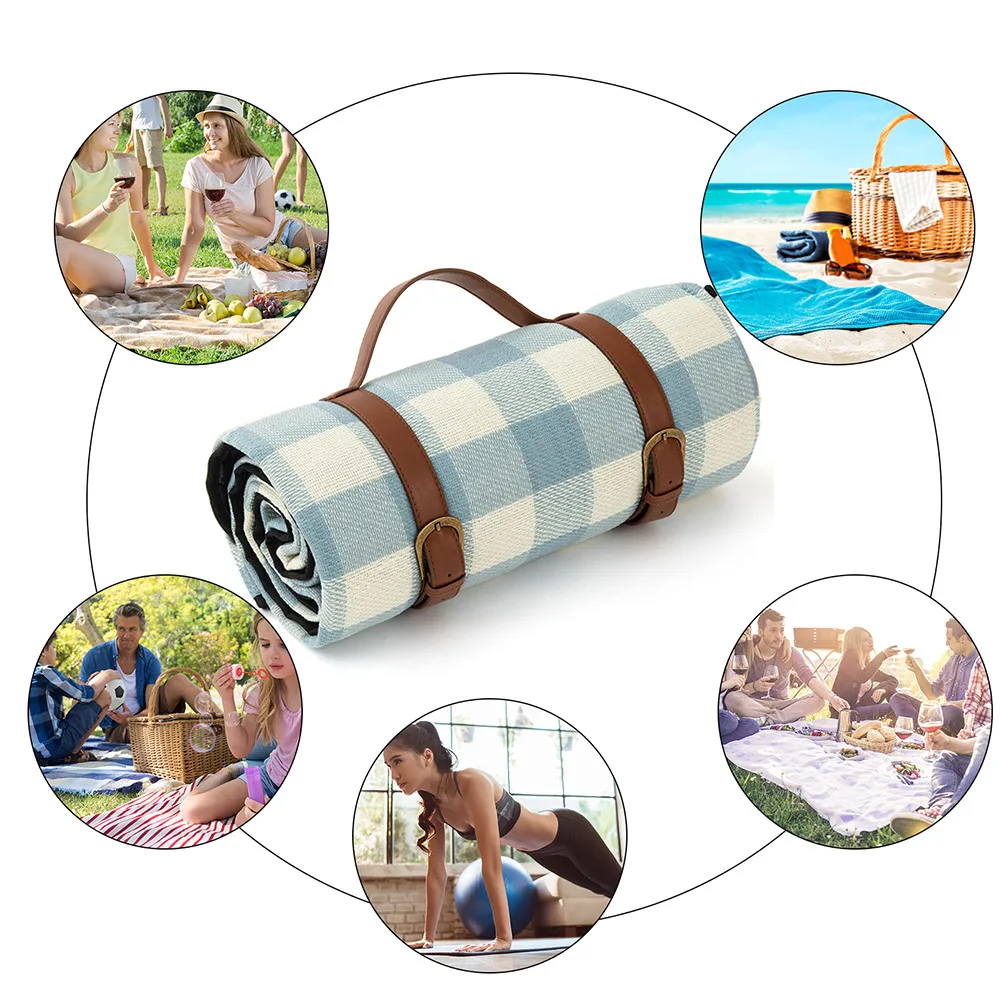 

Blue Grid Waterproof Portable Camping Mat Blanket Foldable Leather Outdoor Camping Hiking Beach Picnic Blanket