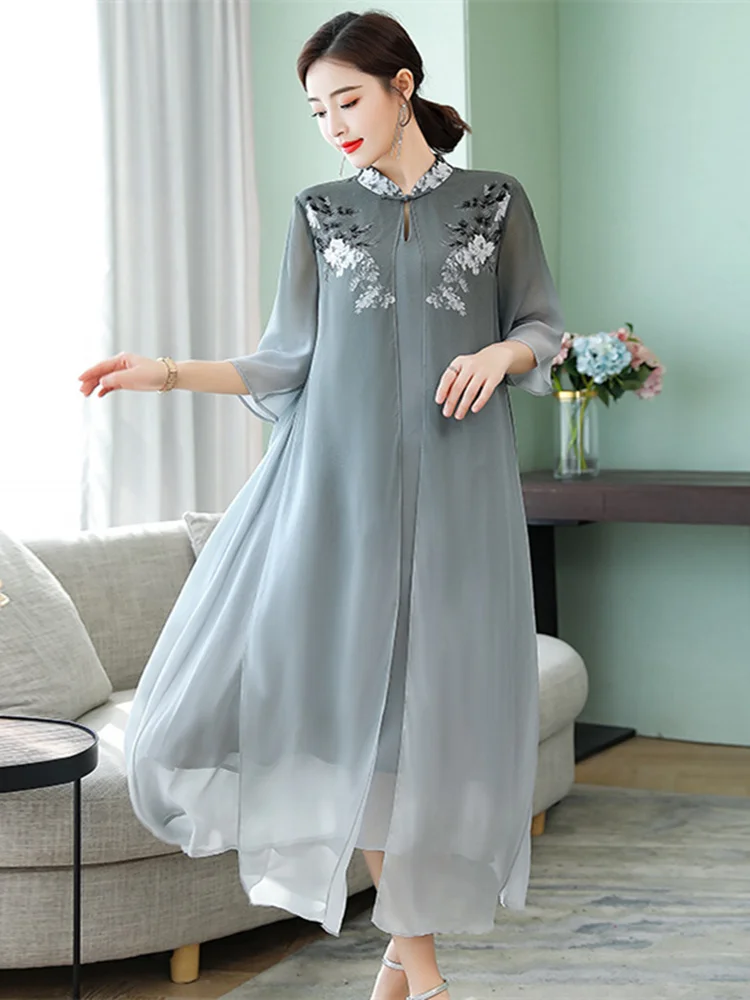 Шелковое платье 2021 Новинка лета ретро с принтом имитация двух частей серые