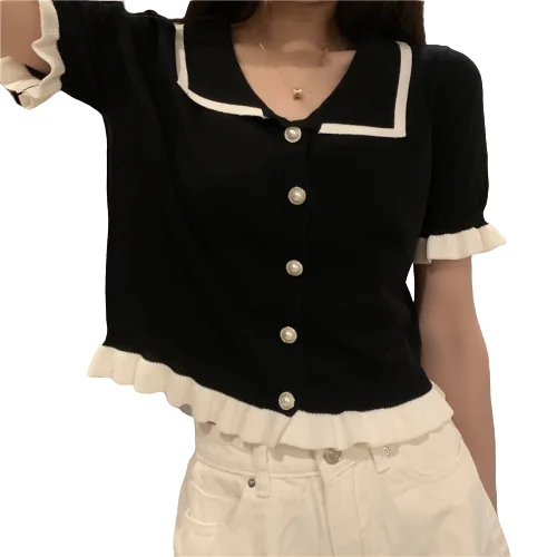 Ruffles Knit Cardigan Shirt Women Single-breasted Patched Ruffles Elastic Crop Sweater Summer Tops Female Cardigans