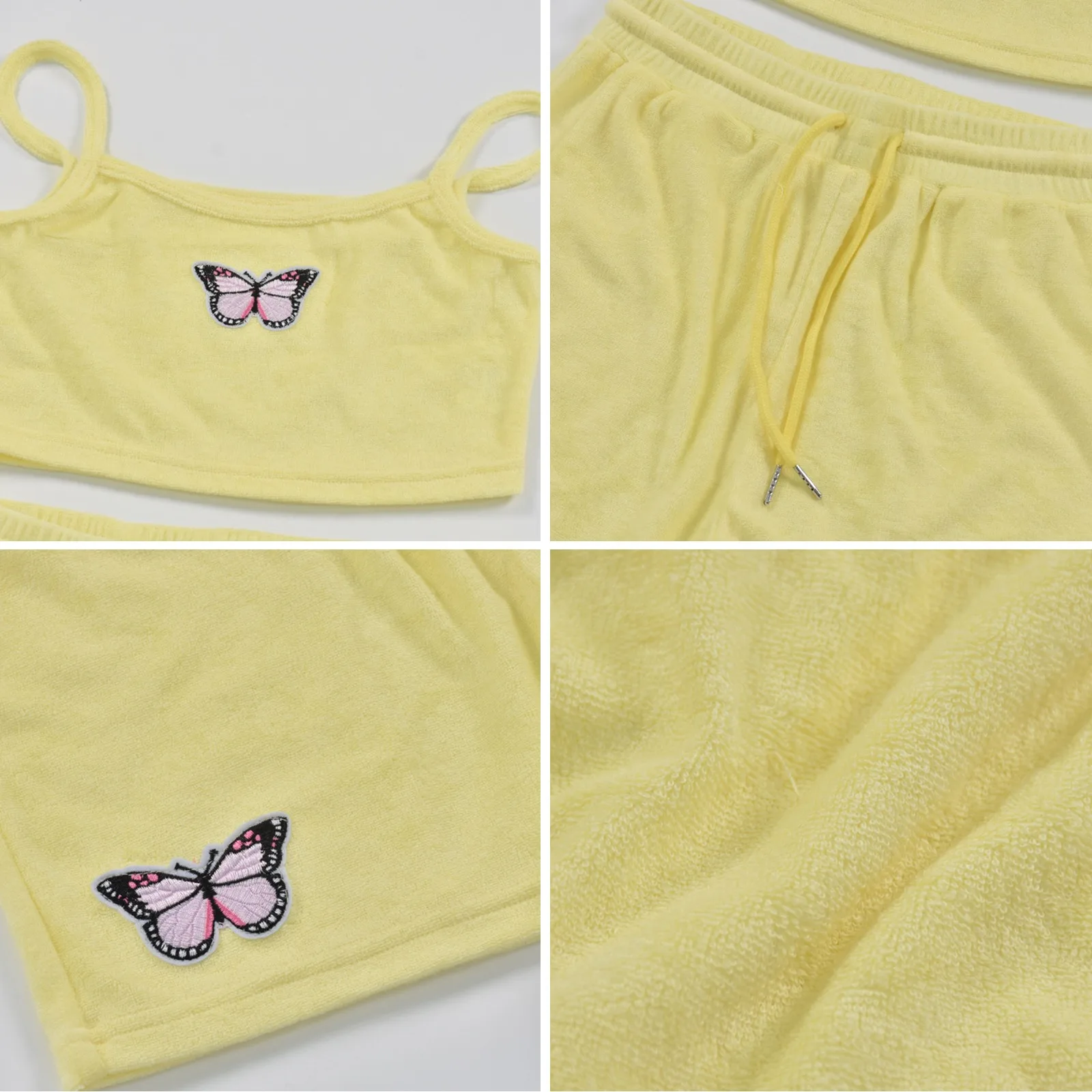 

Yellow Velvet Crop Top And Shorts Women 2 Pieces Set Summer Embroidery Cami Drawstring Shorts Female Loungewear Suit Casual