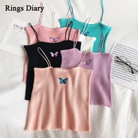rings diary women summer strap top femme skinny camis top summer slim crop tops high street butterfly embroidery casual top