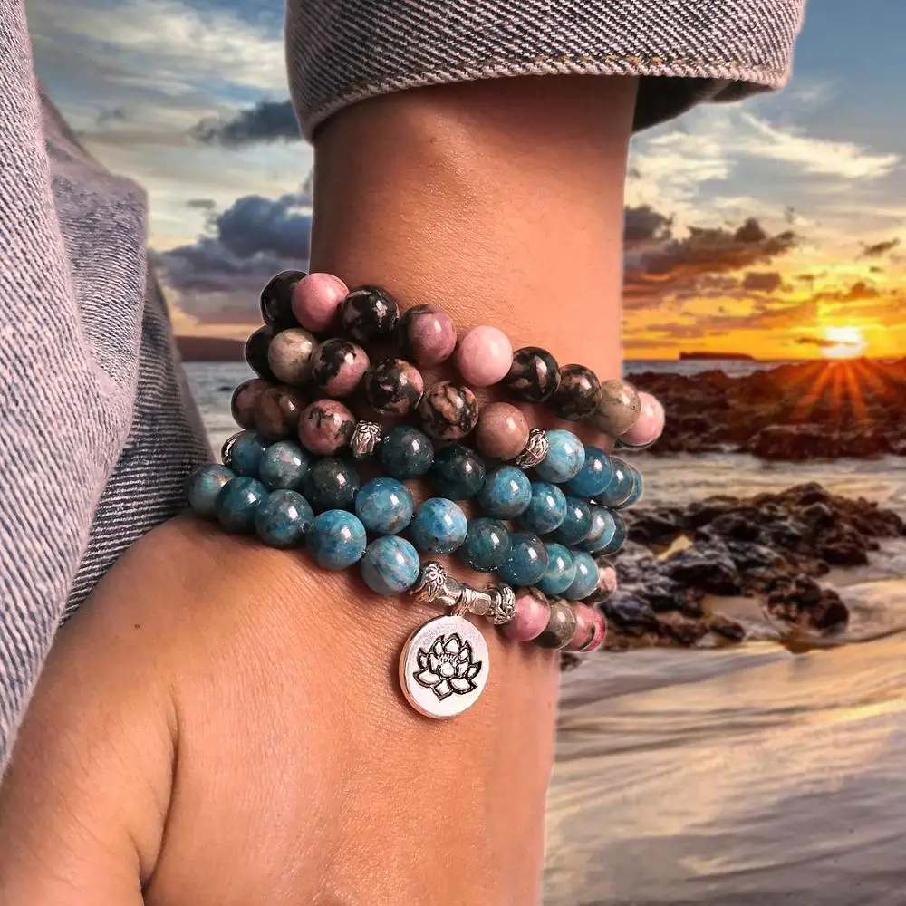 

108 Mala Bracelet For Men Natural Apatite And Rhodonite 8MM Beads Bracelets Women Yoga Meditation Lotus Pendant Charm Jewelry
