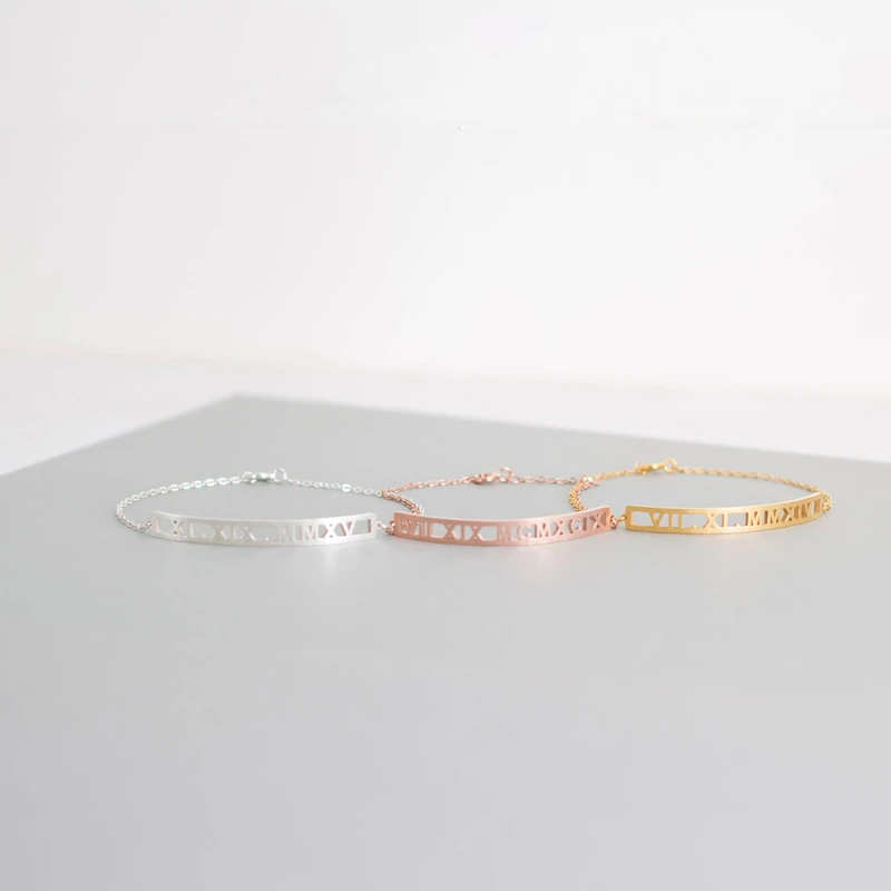 Персонализированные Римский браслет цифры Femme на заказ даты имя длинный бар