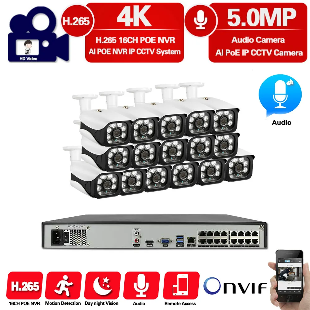 H.265 16CH POE NVR Kit 5mp Sony 1080p Ip Камера внешний 48V CCTV Системы видео наблюдения Комплект 16ch