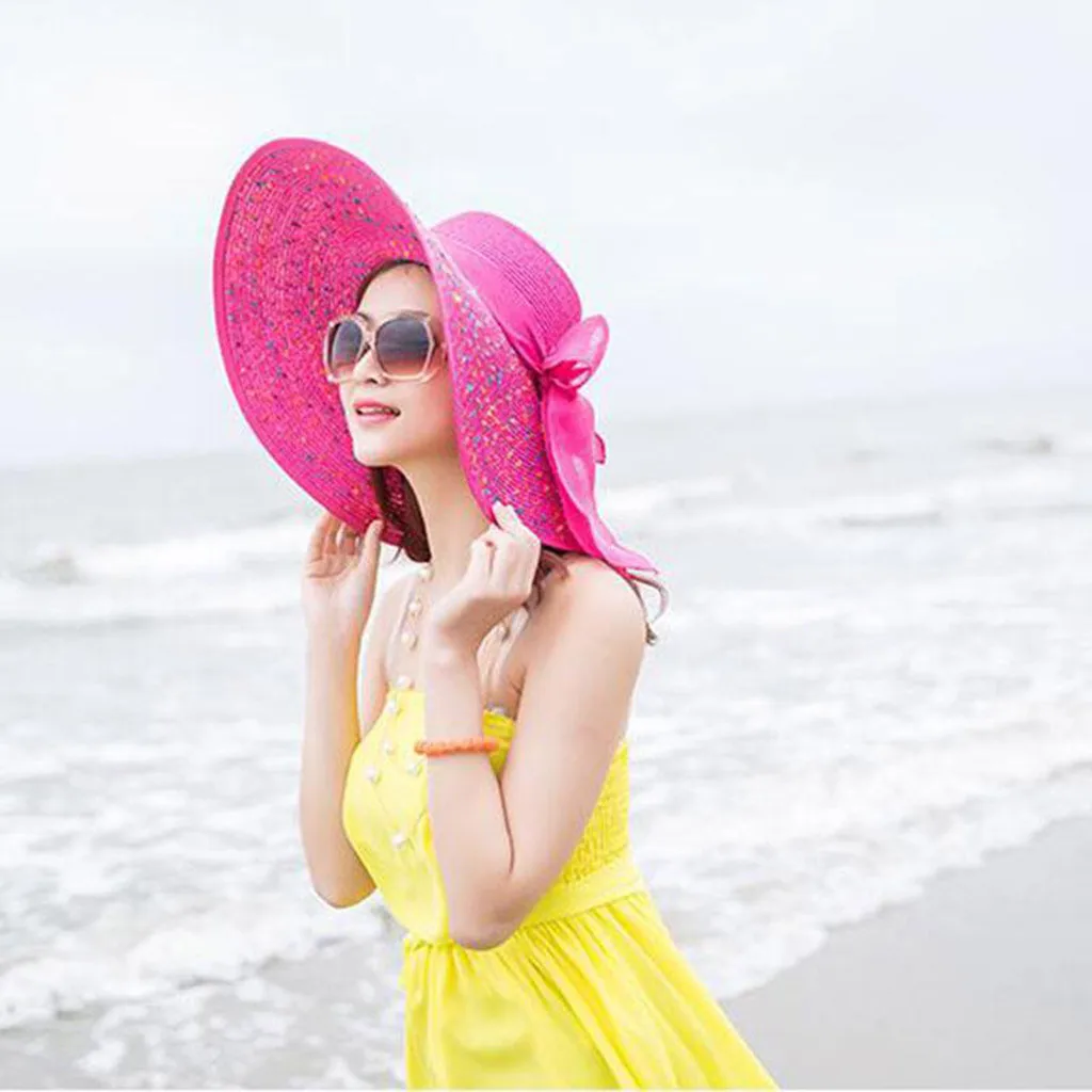 Шляпа женская Соломенная с большими полями и бантом яркая Складная пляжная шапка