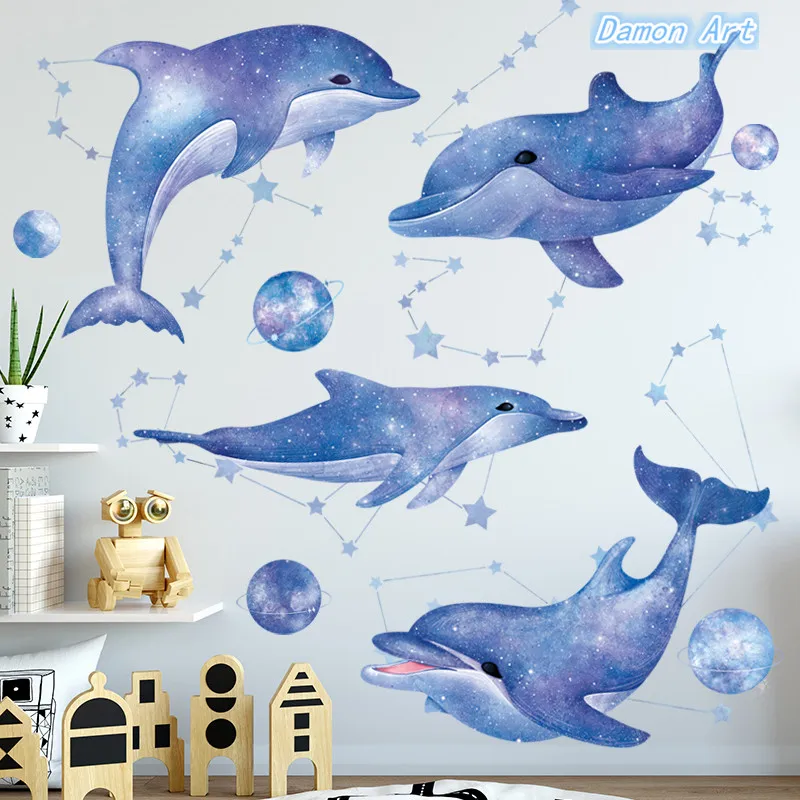 

3D Wall Sticker Cute Dolphins And Whales Room Decoration Star Dream Classroom Nursery Galaxy Stickers Baby Bedroom Decor Posters