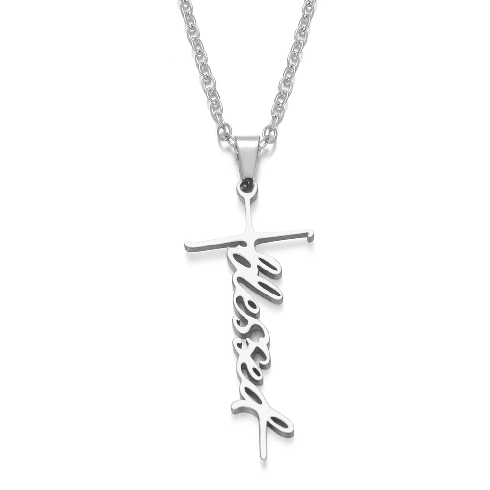 Цепочка Из Нержавеющей Стали ожерелье серебряного цвета кулон BLESSED Cross для женщин