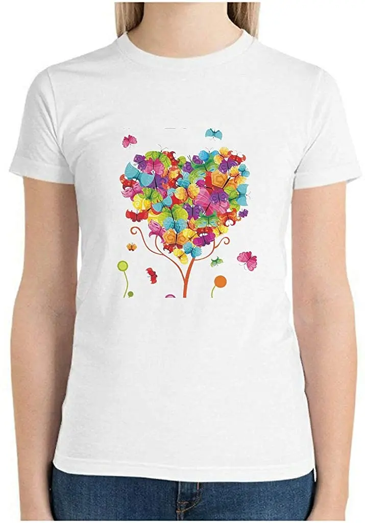 

Womens T-Shirt 100% Cotton Crew Neck Short Sleeves Tee Butterfly Heart Tree Top