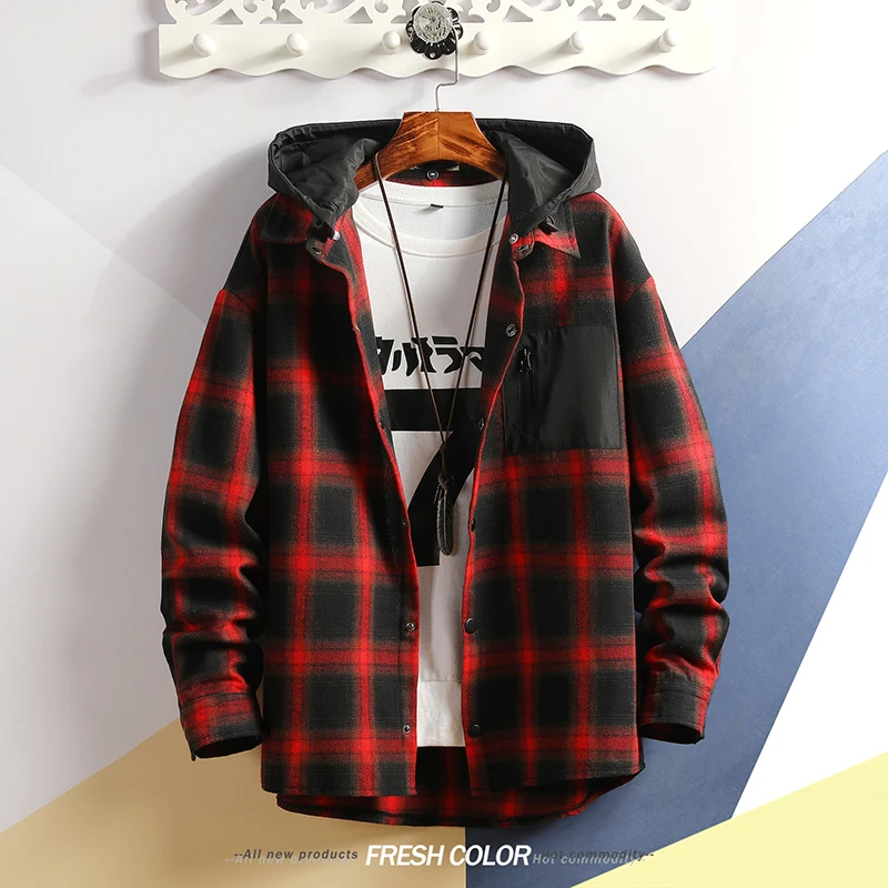 

Korea Style Casual Cardigan 2021 Spring Autumn ROCK PUNK Hoodie Plaid Sweatshirt Men'S Fleece Hip Hop Streetwear Clothes