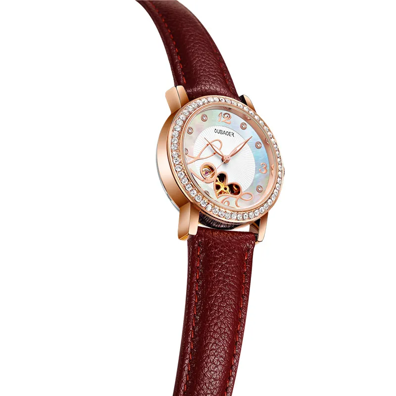 Relogio feminino, OUBAOER, автоматические механические часы для женщин, модные, стразы, полый дизайн, часы с кожаным ремешком, водонепроницаемые часы