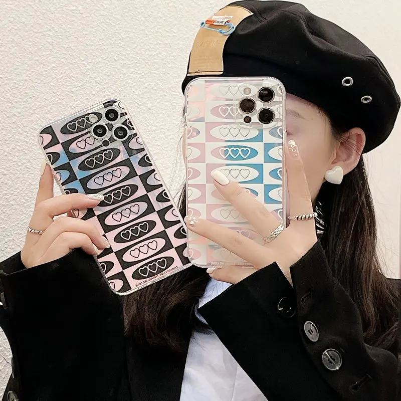 

Korean Ins Love Heart Laser Phone Case For iPhone 13 12 Mini 11 Pro Max XS XR X 7 8 Plus SE 2020 Soft Protection TPU Back Cover