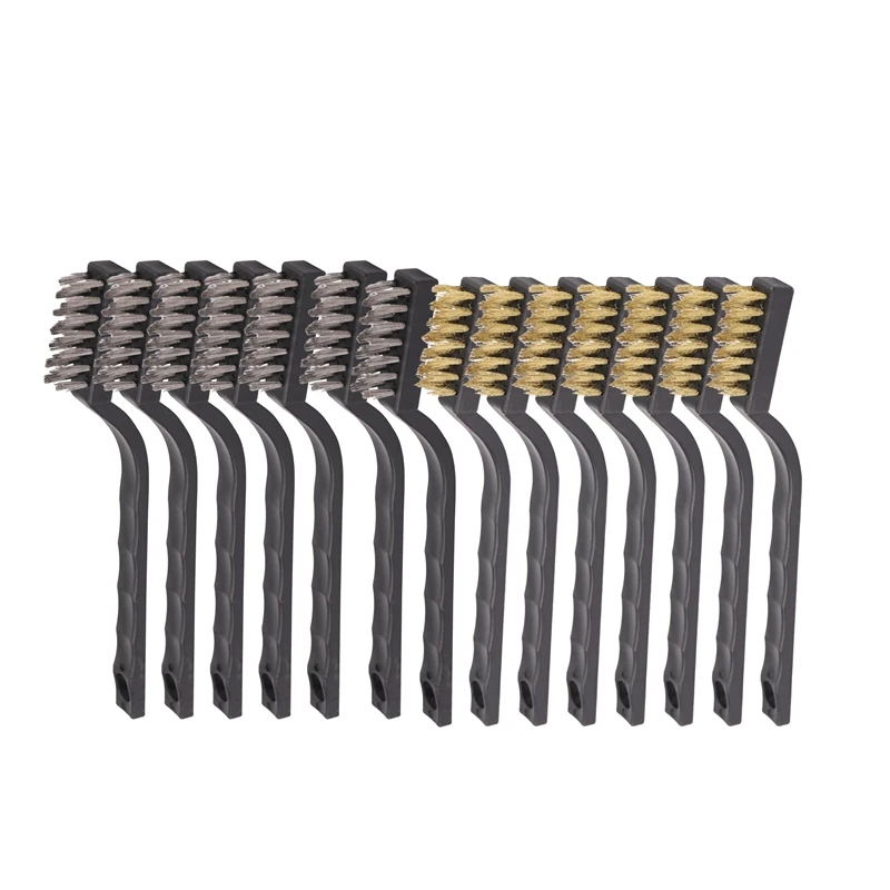 

14 Pack Wire Brush Set for Cleaning Welding Slag and Rust Stainless Steel and Brass Curved Handle Masonry brush Wire bristle Scr