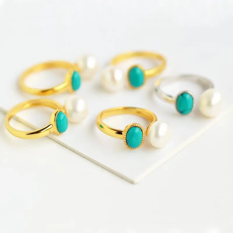 

Natural Turquoise S925 Sterling Silver Gold Plated Argent Pur Women's Tail Ring Open Exquisite Ring Shell Pearl Ring Adjustable