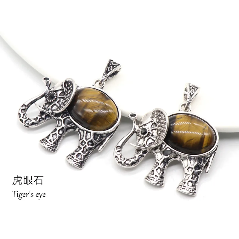 

Natural Stone Agate Crystal Elephant Pendant Necklace Inlaid Gemstone Alloy Pendant DIY Handmade Jewelry Accessories