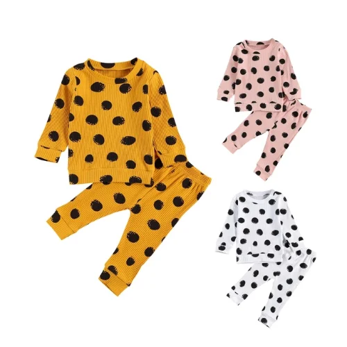

Newborn Infant Outfits Long Sleeve Round Neck Elastic Head Long Pants with Dots Pattern for Autumn and Spring Clothes Set New