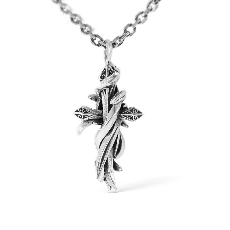 

New Design Retro Silver Necklace Male Tide Cross Hip Hop Matching Clothes Versatile Personality Pendant Jewelry Accessories