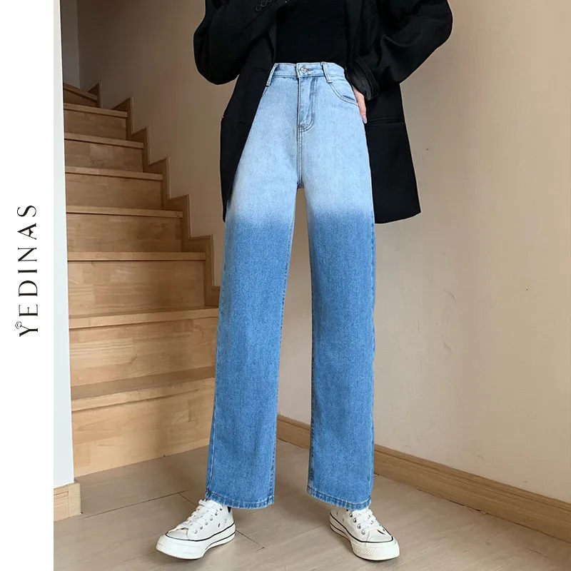 Yedinas Blue Contrast Color Long Jeans High Waist Women Trousers Korean Fashion Spring Autumn 2021 Female Blue Demin Pant Casual
