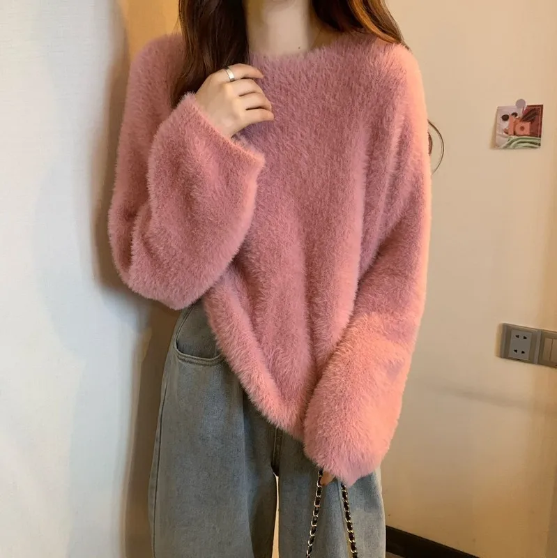 

Зимние женские оригинальные новые модные корейские шикарные трикотажные джемперы с круглым вырезом и длинным рукавом Свободные вязаные пу...