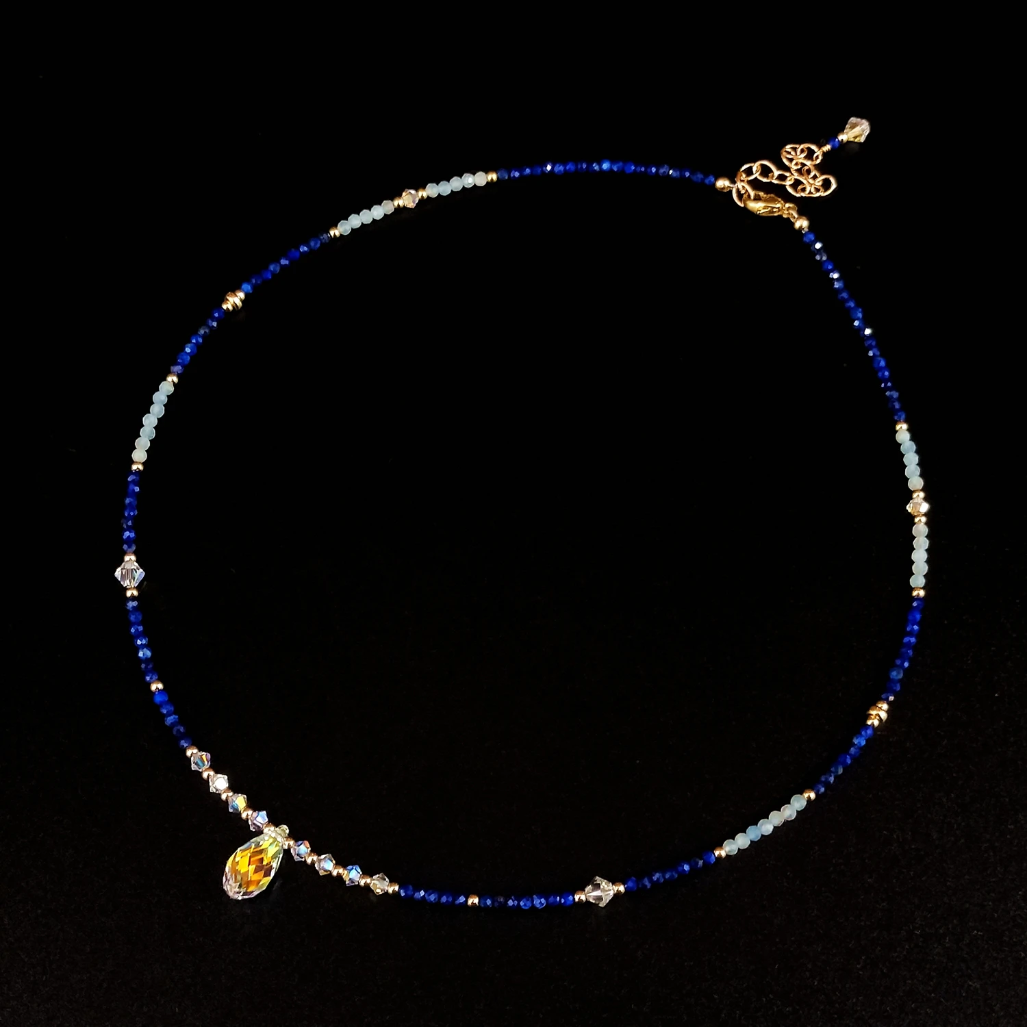 

Lii Ji Lapis Lazuli Aquamarine Austrian Crystal 14K Gold Filled Necklace 38+4cm Natural Stone Handmade Jewelry For Women Gift