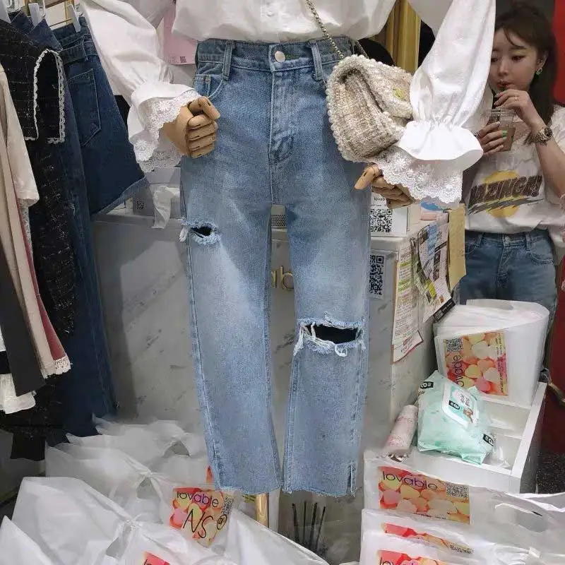 

2021 Summer Korean Style High-waisted Thin-washed Ripped Jeans Straight Wide-leg Pants Pantalones De Mesclilla Para Mujer