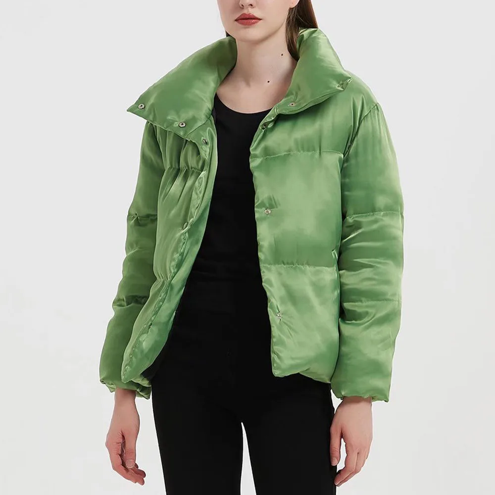 

Za Women Jacket 2021 New Fashion Satin Padded Bread clothing Coat Vintage Long Sleeve Pockets Female Outerwear Chic Tops