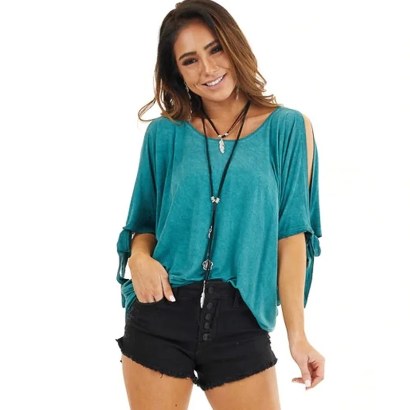 

New Womens Summer Solid Color Casual Loose Sexy O Neck Off Shoulder Fasion Short Sleeve Cotton Pullover Patchwork Blouse