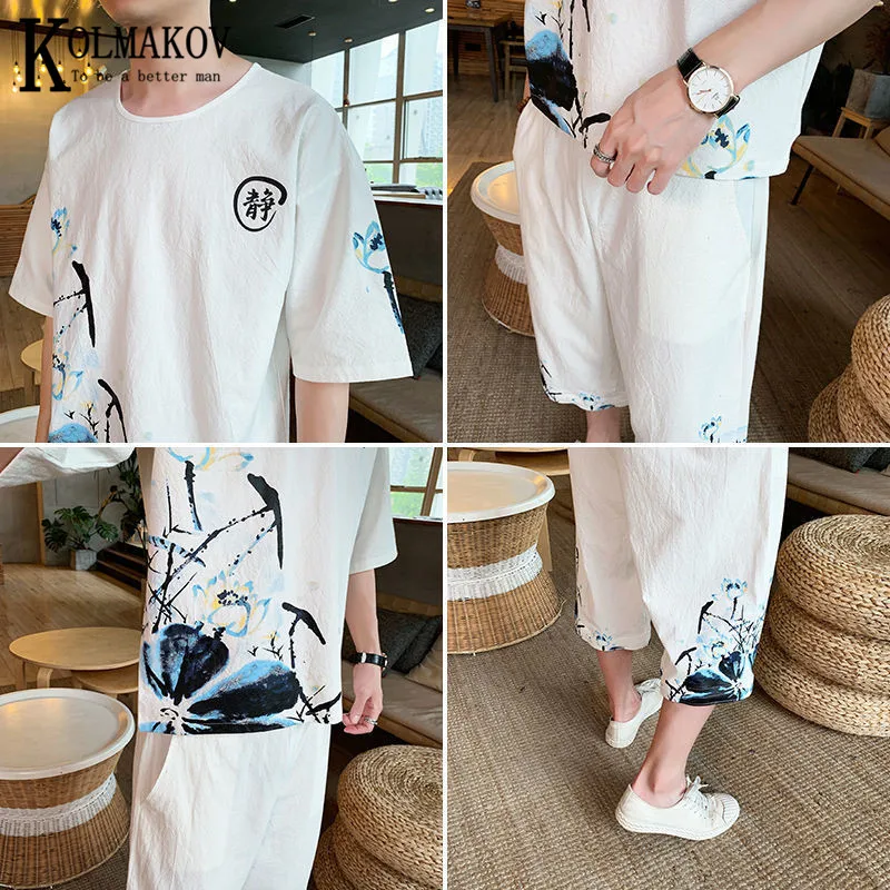 

KOLMAKOV Large Chinese Style Men's Short Sleeve Suit Loose Ethnic Wind 7 Minutes Of Trousers Sport And Leisure Two Sets Male