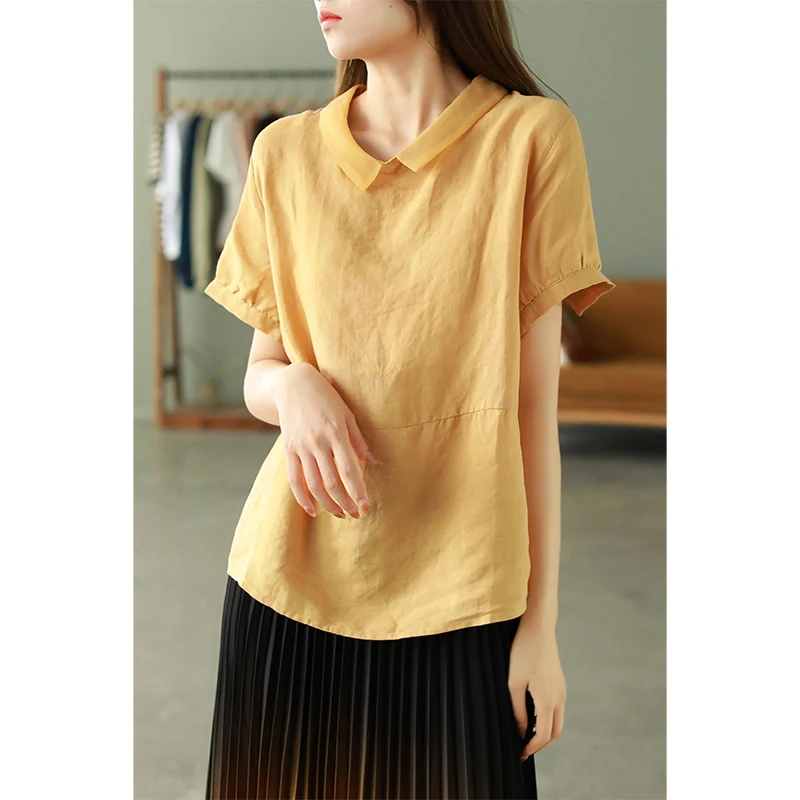 

2021 summer new loose collar shirt women casual all-match ramie t-shirt