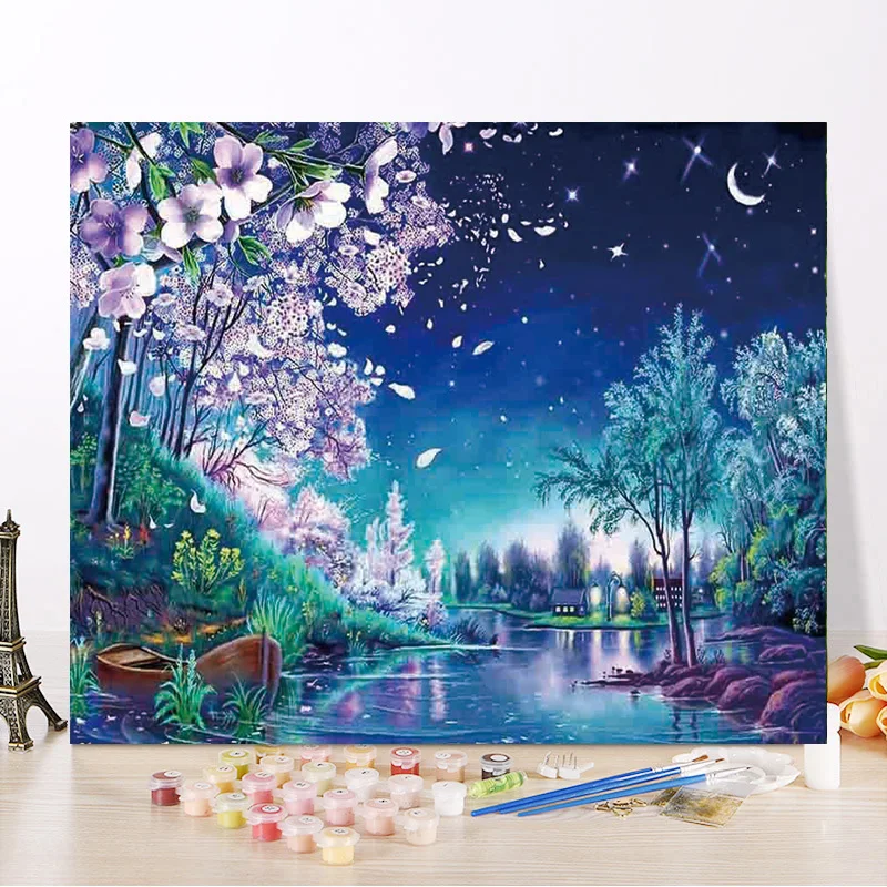 Безрамный Персиковый Цветок DIY масляной Набор для рисования по номерам пейзаж