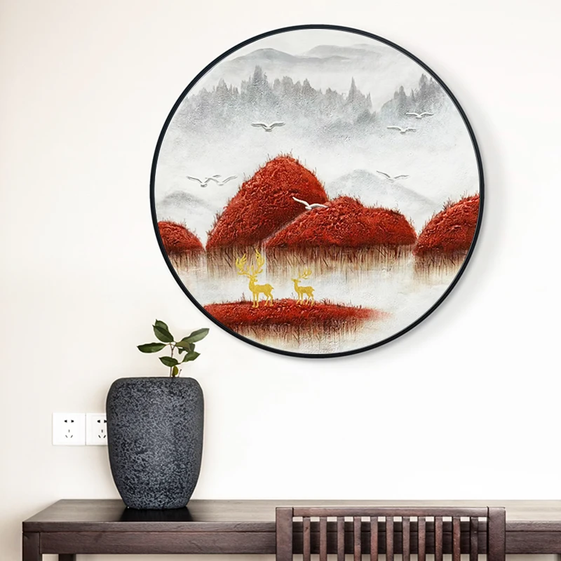 

New Chinese style living room, porch decoration, dining room, landscape oil painting, hand-painted round hanging painting