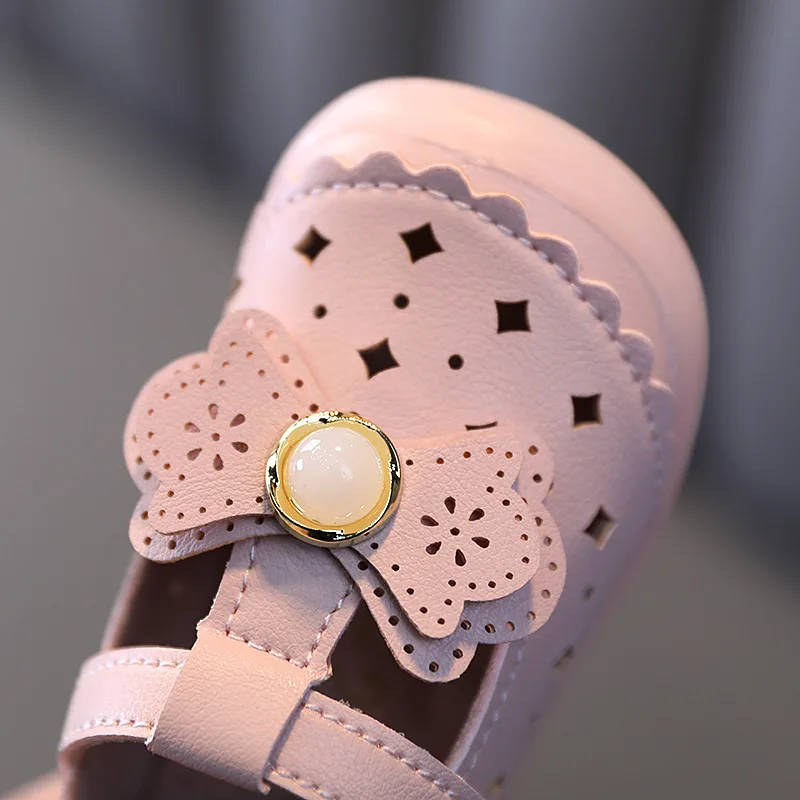 Туфли детские из мягкой кожи с бантом дышащие вырезами весна лето 2021|Кожаная