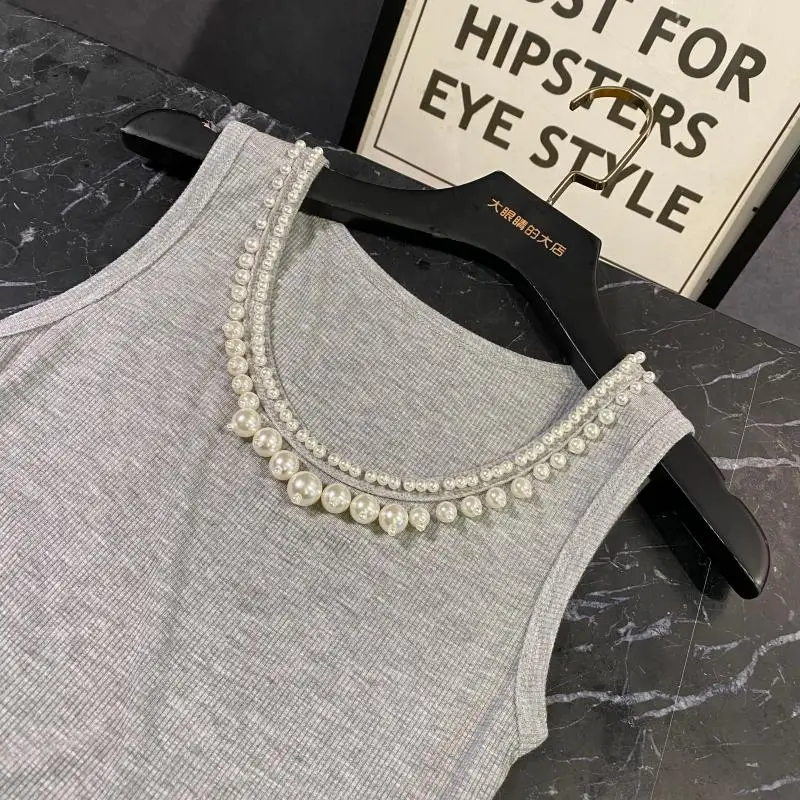 

Women's 2020 Summer New Fashion Pearl Neckline Candy-Colored Elastic Slim-Fit Knitted Tank Top Ladies Casual Tops Shirts