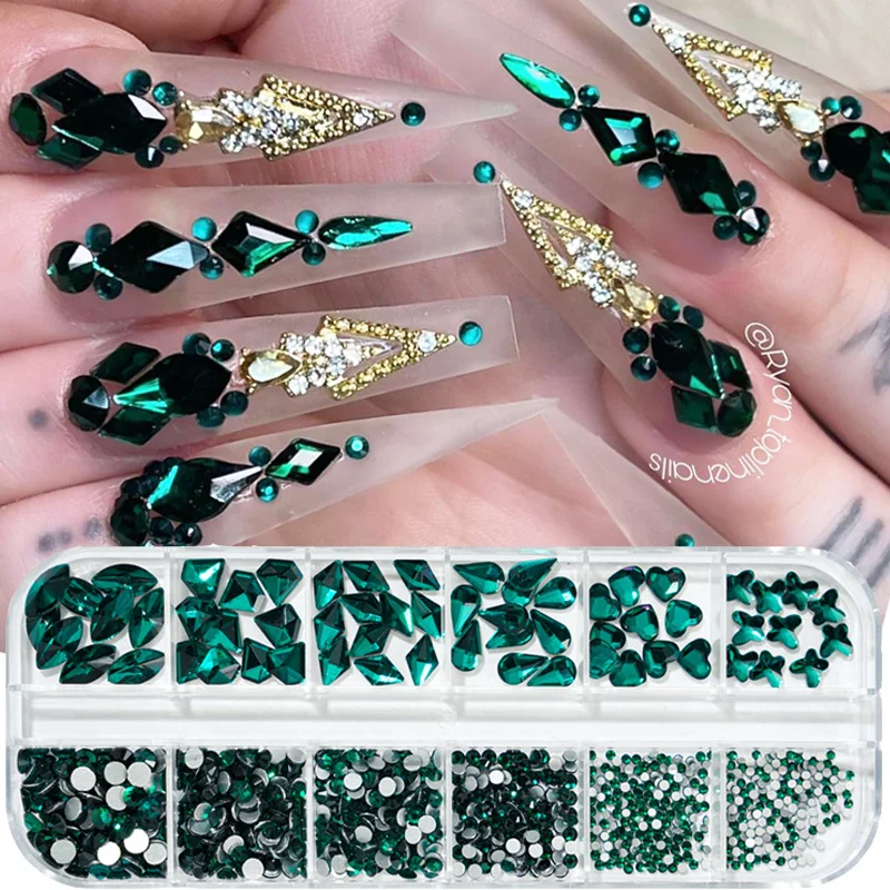 

12 Girds 3D Glitter Nail Rhinestones Crystals Mixed Size AB Flatback Diamonds Colorful Gems DIY Nail Art Decorations Jewlery