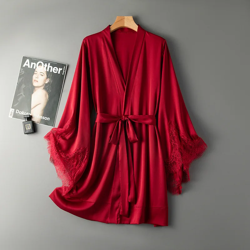 

Burgundy Wedding Robe Women Summer Soft Faux Silk Satin Loungewear Nightgown Sexy Kimono Bathrobe Gown Holow Out Lace Home Wear