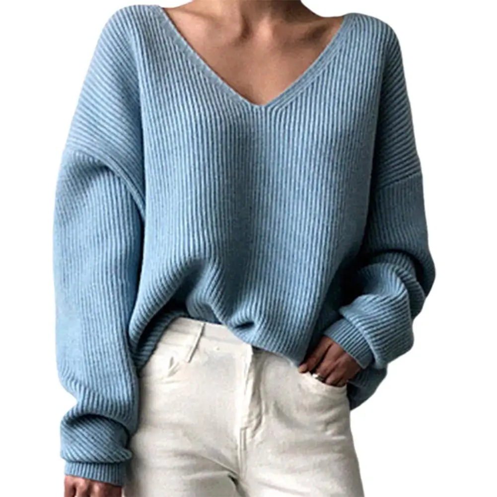 

Women Long Batwing Sleeve V Neck Irregular Hem Loose Ribbed Knitted Sweater